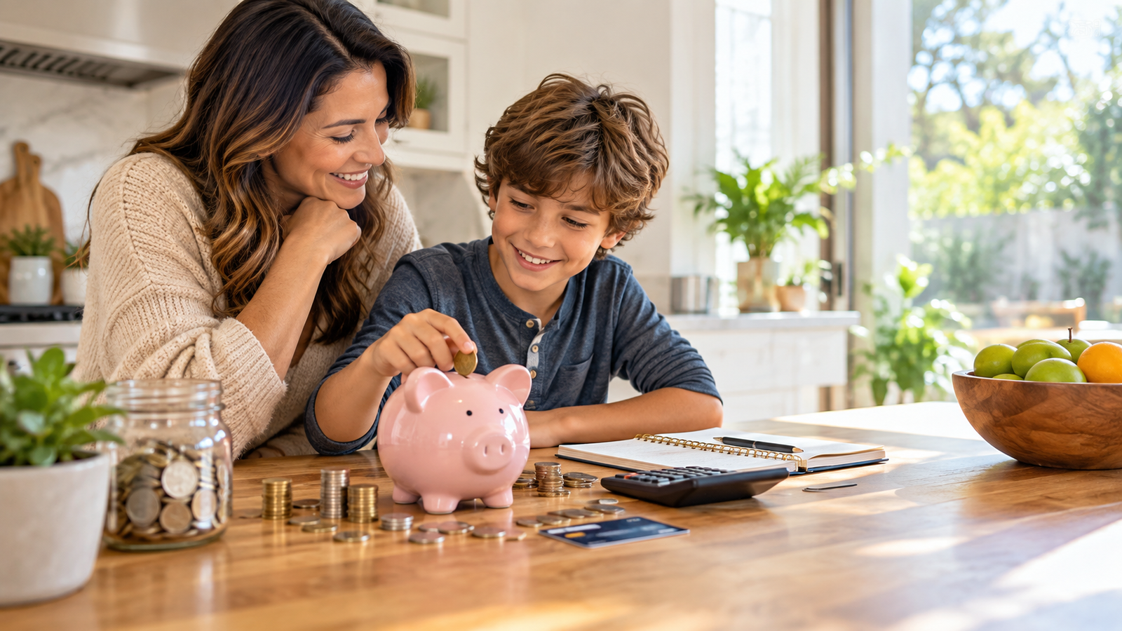 Parent and child learning everyday money skills together