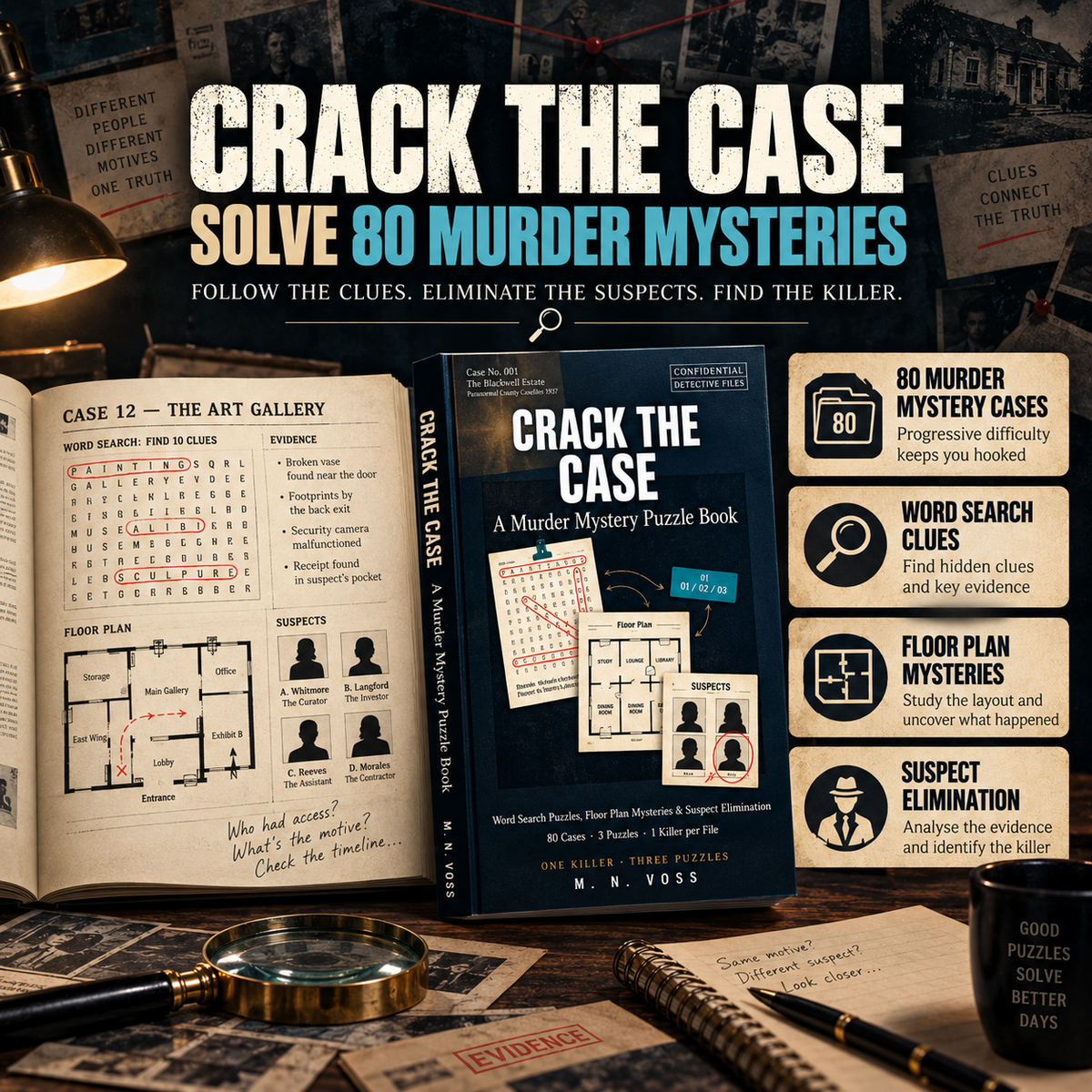 Murder Mystery Puzzle Book case features