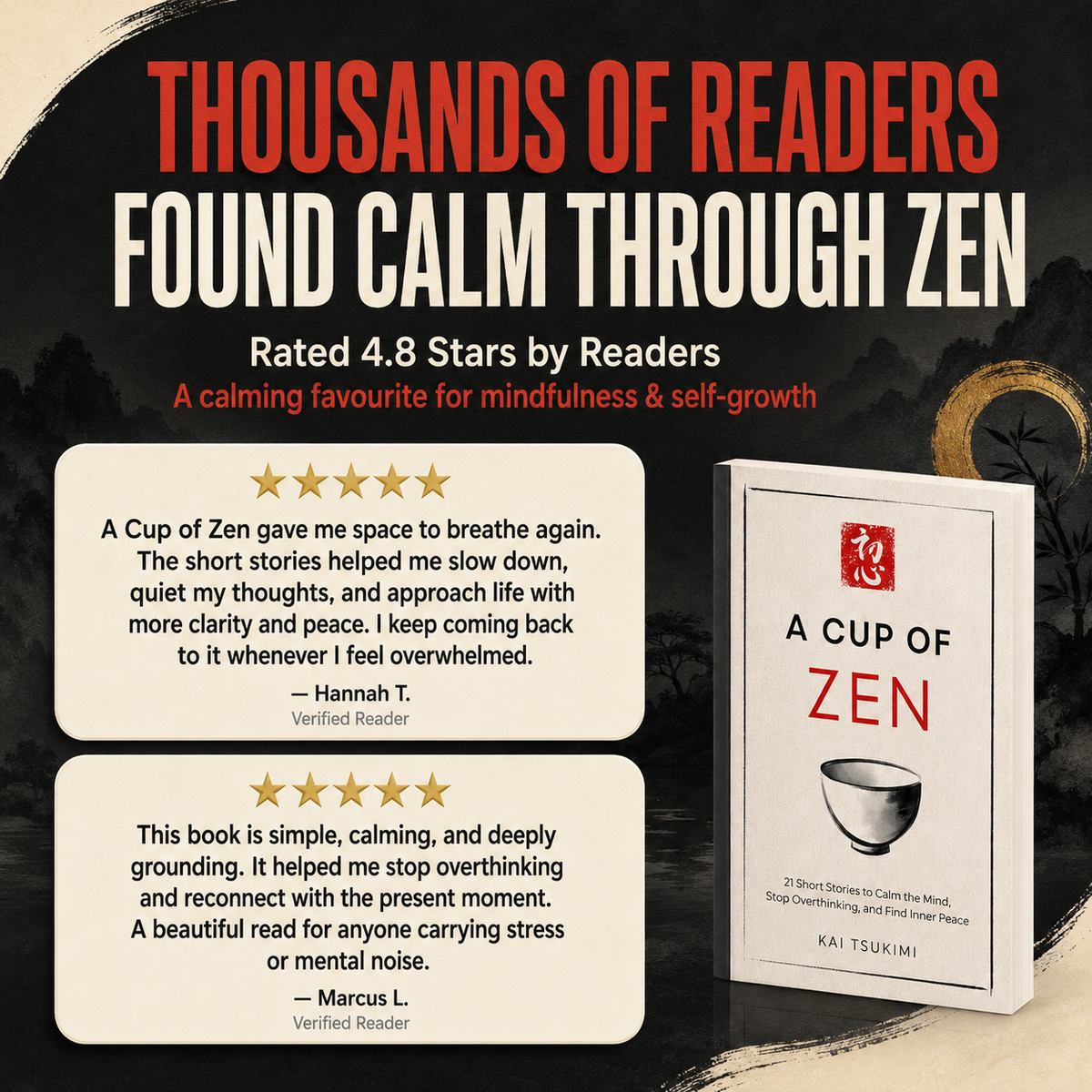 Reader reviews for A Cup of Zen, rated 4.8 stars for calm, clarity, and freedom from overthinking