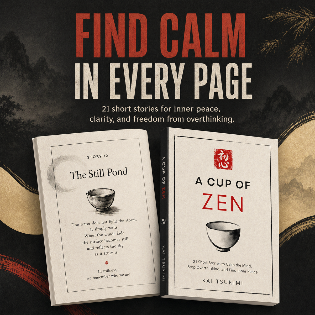 A Cup of Zen open book and cover featuring 21 short stories for inner peace, clarity, and freedom from overthinking